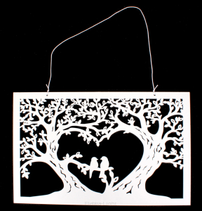 Drewniany biały dekoracyjny obrazek Kwadrat drzewo z ptakami HY-5192